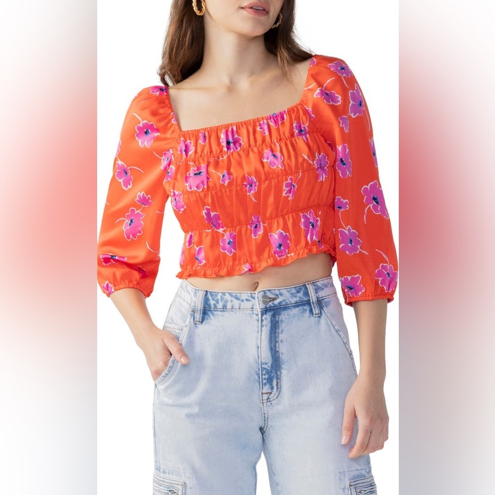 Sanctuary Think of Me Smocked Floral Red Pink Crop Top size Large
